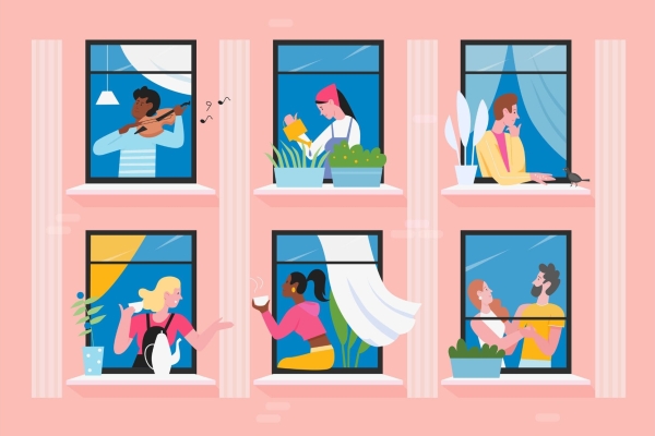 Pastel illustration of seven people of different genders and ethnicities in the windows of their apartment building
